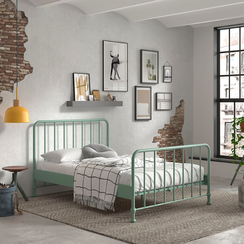 The Bronxx Bed 140 x 200cm Olive Green by VIPACK offers slatted base, metal industrial Belgian design & matte finish, ideal children's furniture for 4 & up