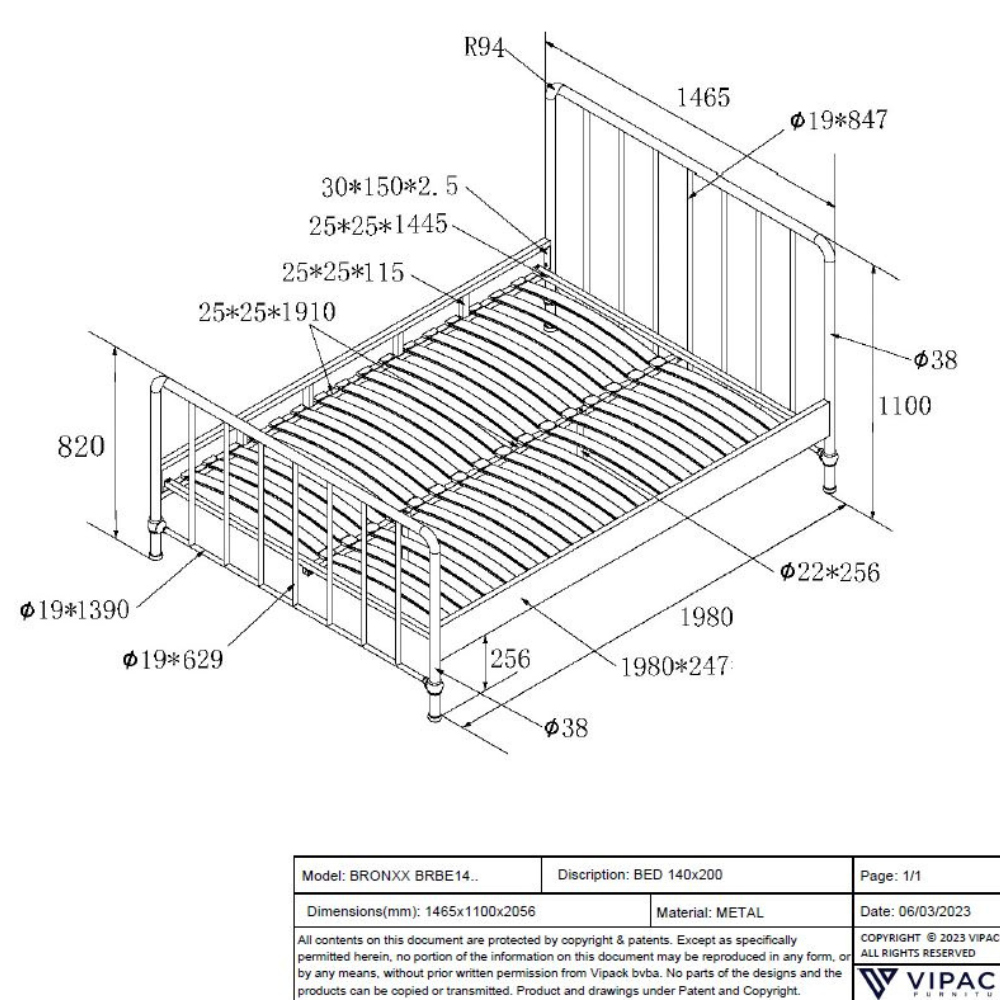 The Bronxx Bed 140 x 200cm White by VIPACK features slatted base, metal industrial Belgian design & matte finish, ideal children's furniture for 4 & up