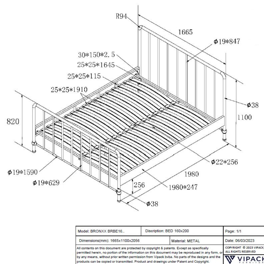 The Bronxx Bed 160 x 200cm Black by VIPACK offers slatted base, metal industrial Belgian design & matte finish, ideal children's furniture for 4 & up