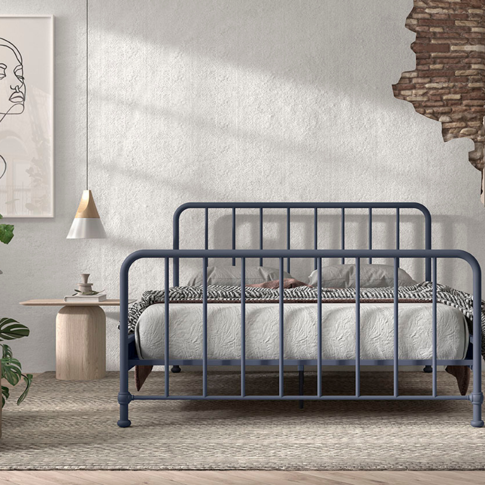 The Bronxx Bed 140 x 200cm Denim Blue by VIPACK features slatted base, metal industrial Belgian design & matte finish, ideal children's furniture for 4 & up