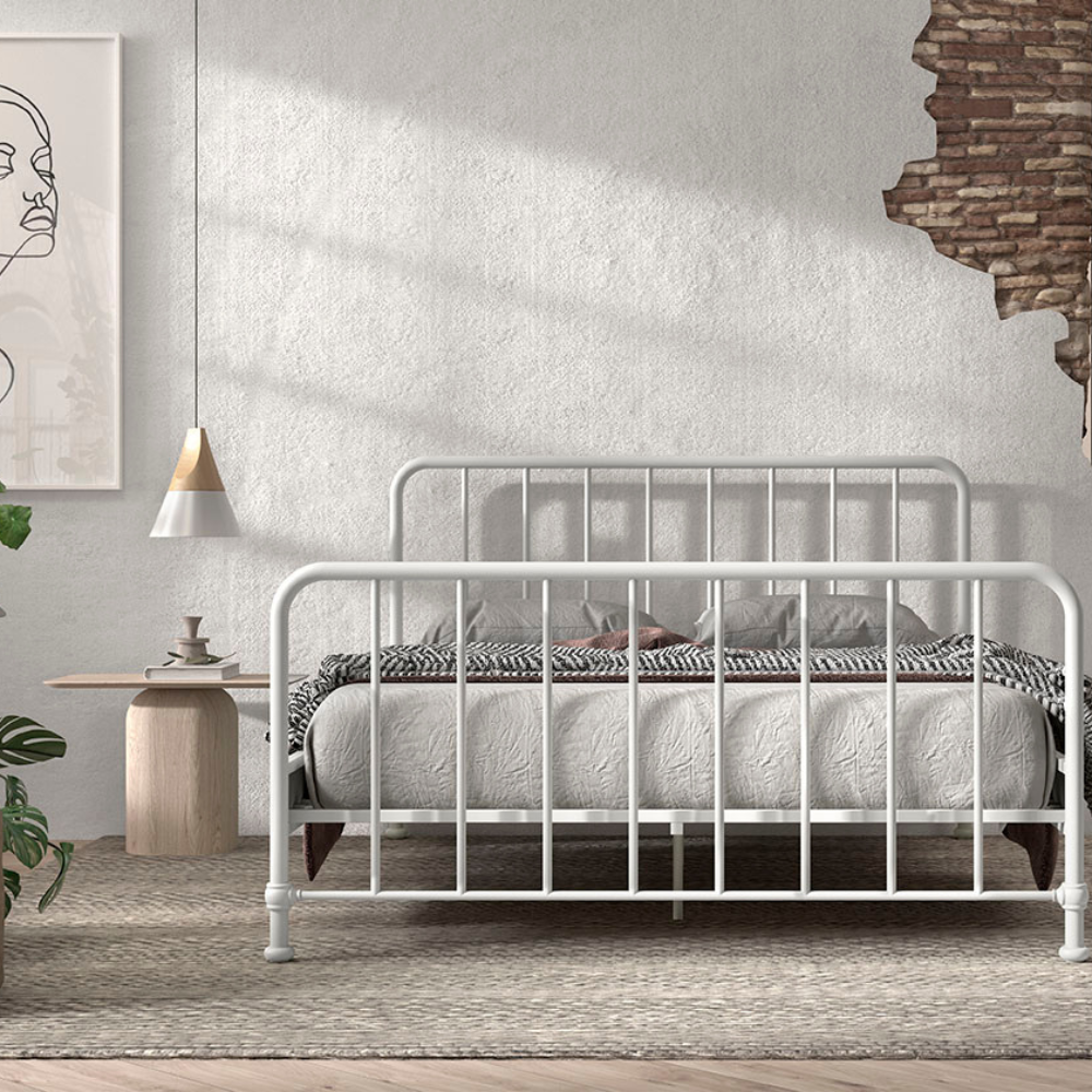 The Bronxx Bed 160 x 200cm White by VIPACK features slatted base, metal industrial Belgian design & matte finish, ideal children's furniture for 4 & up