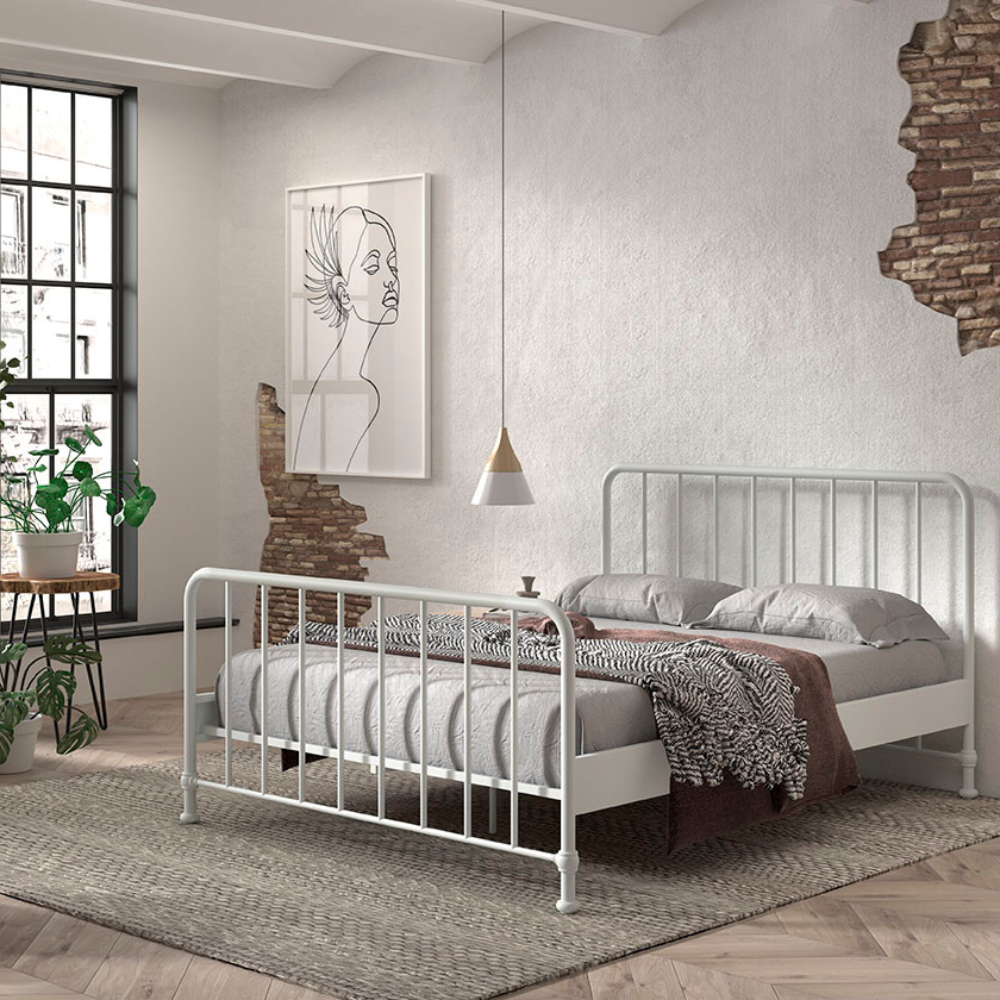 The Bronxx Bed 160 x 200cm White by VIPACK features slatted base, metal industrial Belgian design & matte finish, ideal children's furniture for 4 & up
