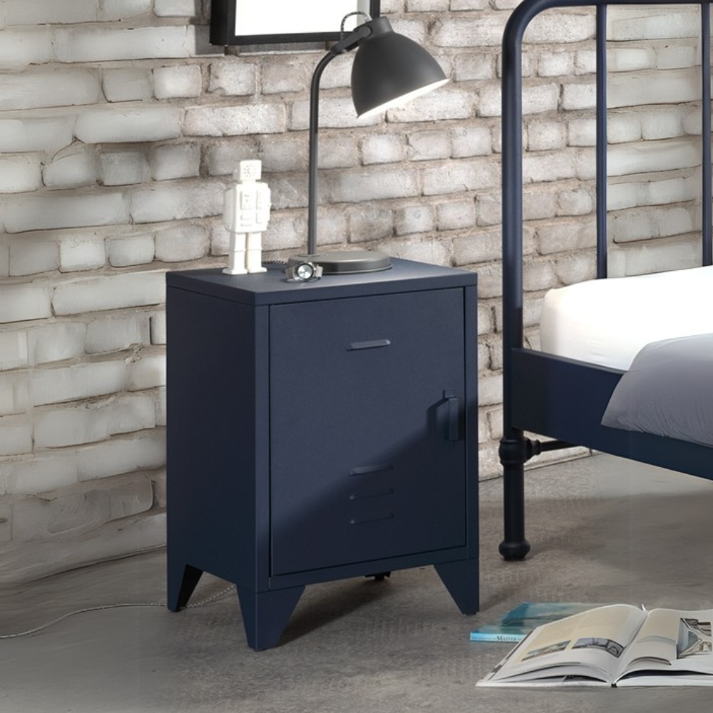 The Bronxx Bedside Locker in Denim Blue comes with a matte finish, Belgian design, metal build and bold industrial look, a perfect nightstand for essentials