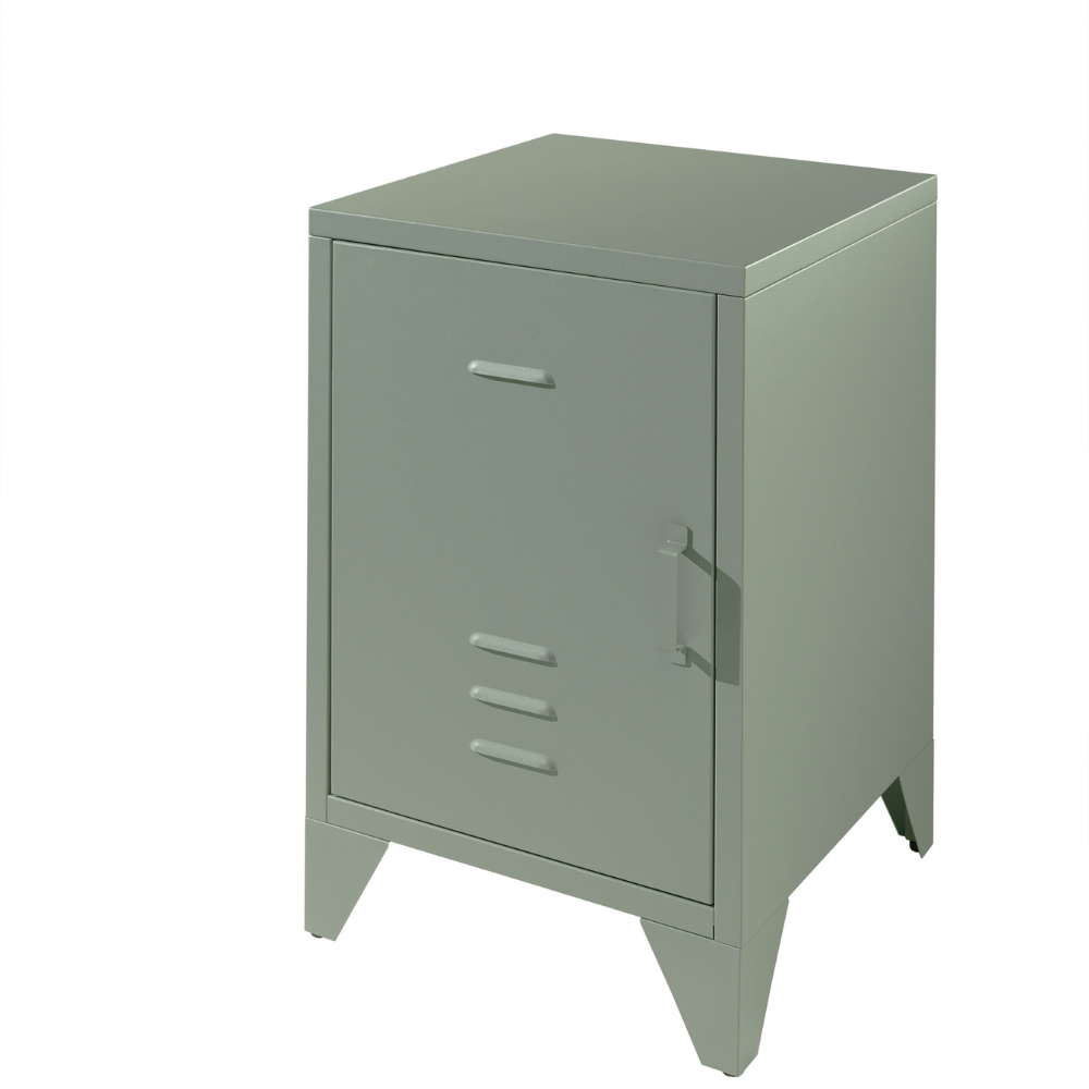 The Bronxx Bedside Locker in Olive Green comes with a matte finish, Belgian design, metal build & bold industrial look, a perfect nightstand for essentials