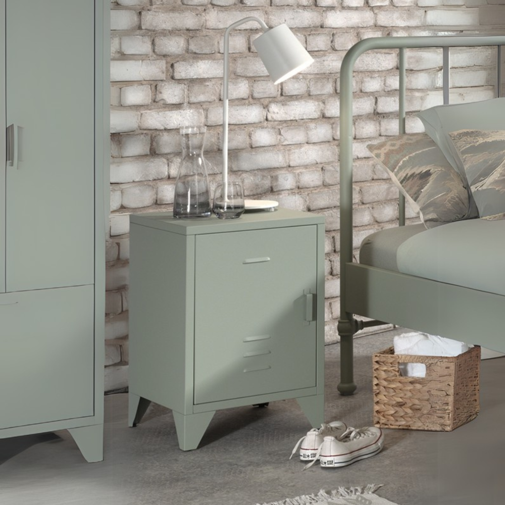 The Bronxx Bedside Locker in Olive Green comes with a matte finish, Belgian design, metal build & bold industrial look, a perfect nightstand for essentials
