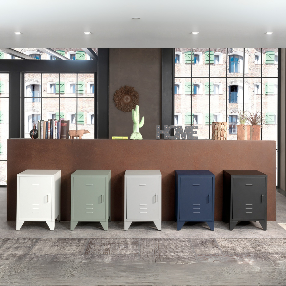 The Bronxx Bedside Locker in Rain Grey comes with a matte finish, Belgian design, metal build and bold industrial look, a perfect nightstand for essentials