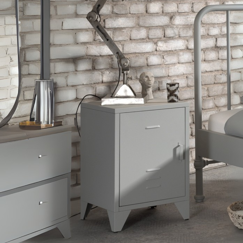 The Bronxx Bedside Locker in Rain Grey comes with a matte finish, Belgian design, metal build and bold industrial look, a perfect nightstand for essentials