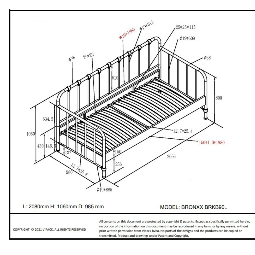 The Bronxx Cabin Bed 90 x 200cm Black by VIPACK offers slatted base, metal industrial Belgian design & matte finish, ideal children's furniture for 4 & up