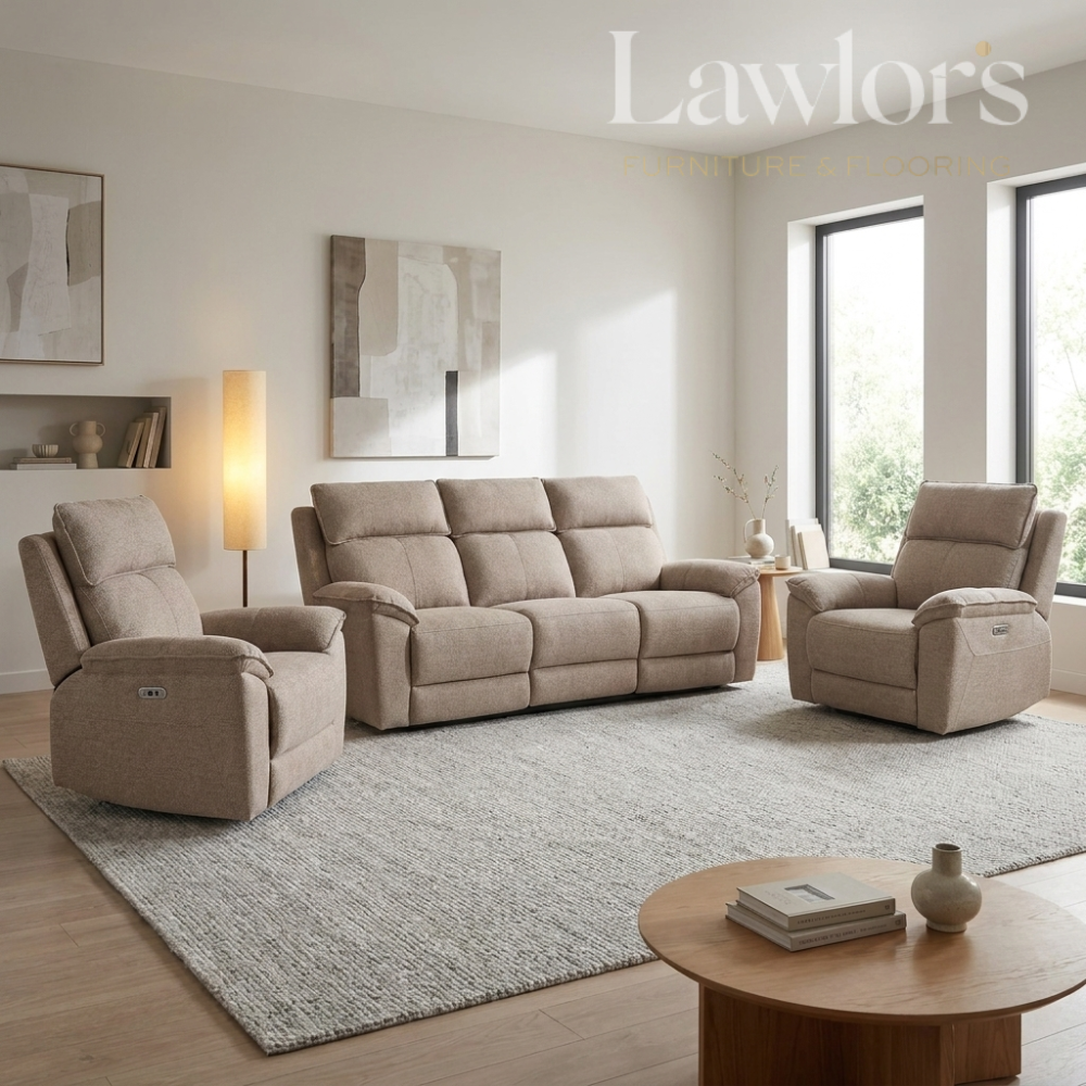 Beige 3+1+1 electric recliner sofa set in a modern living room