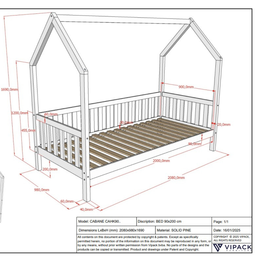 The Cabane House Bed 90 x 200cm in Oak pine features a playful design, side railing, natural finish, fall protection with solid wood & slat base included