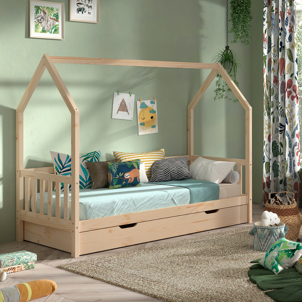 The Cabane House Bed & Drawer 90 x 200cm in Oak offers a natural finish, raised railing on three sides, solid oak & pull out drawer for storage space