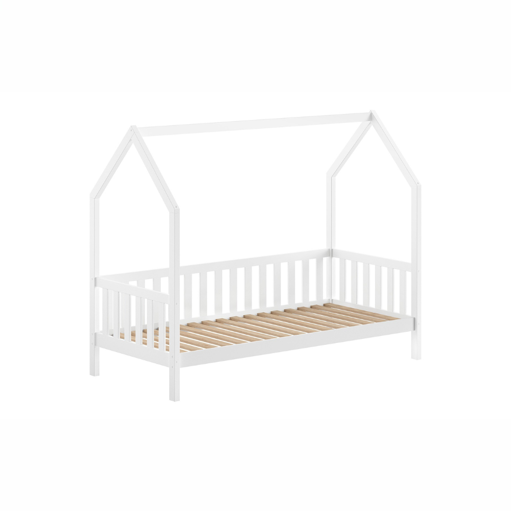 The Cabane House Bed & Drawer 90 x 200cm in White offers a lacquered finish, raised railing on three sides, solid pine & pull out drawer for storage space