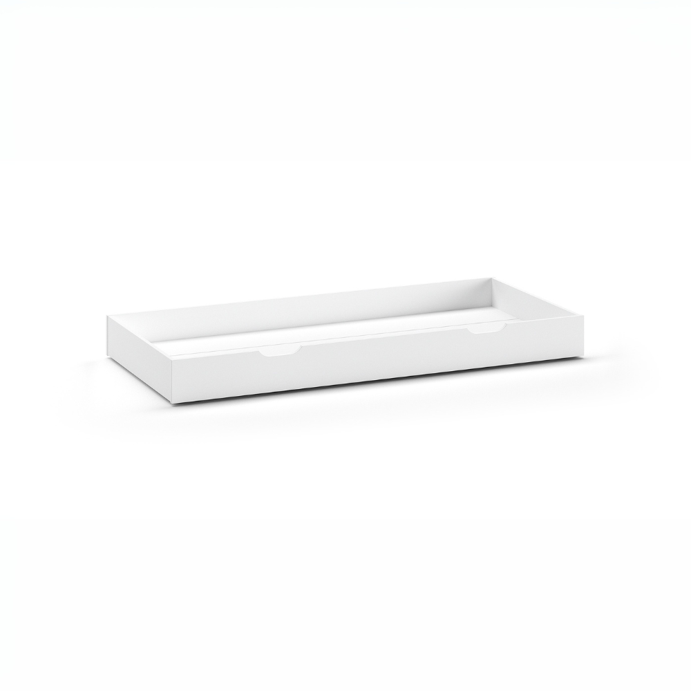 The Cabane House Bed & Drawer 90 x 200cm in White offers a lacquered finish, raised railing on three sides, solid pine & pull out drawer for storage space