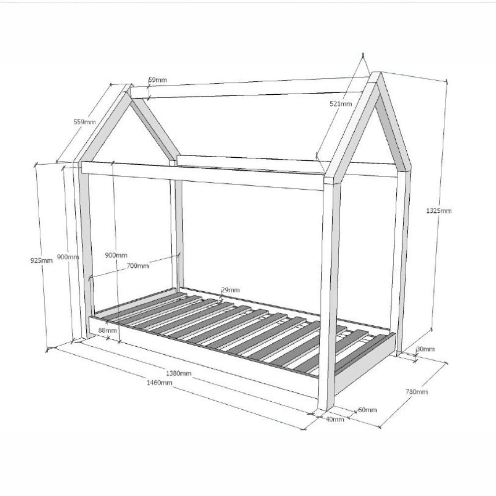 The Cabane Toddler Bed 70 x 140cm in White pine features a Montessori design, playful house shape, low to ground for easy access with slat base included