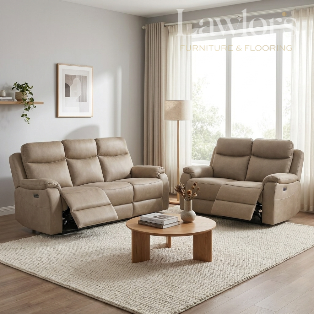 Beige 3+2 recliner sofa set in a living room with a coffee table and decor items.