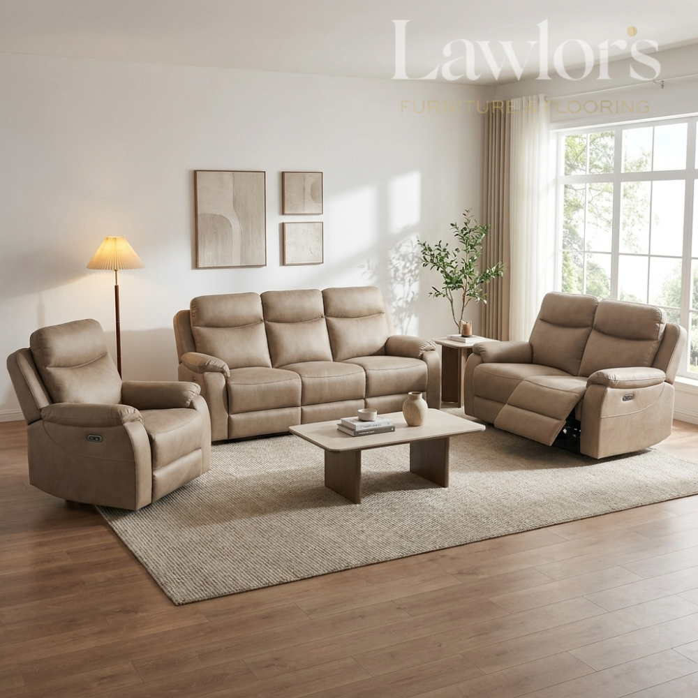 Beige leather 3+2+1 recliner sofa set in a living room