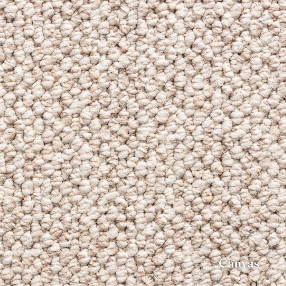 Close-up of beige carpet texture with 'Canvas' branding.