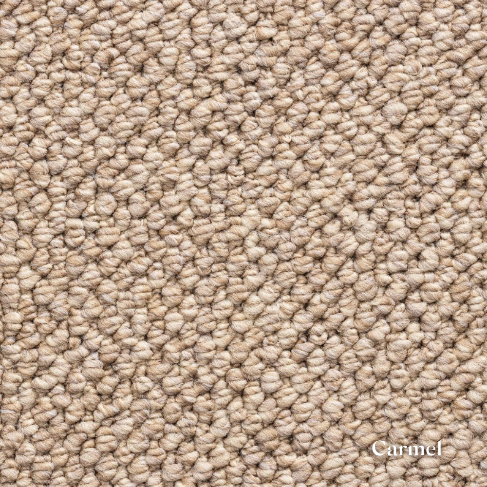 Close-up of carmel carpet texture with 'Carmel' brand name.
