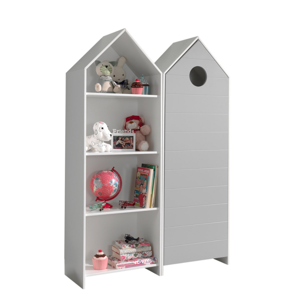 The Casami Kids 1 & 1 Open Door Wardrobe Set Grey & White features stylish storage with shelves & hanging rail in cozy Belgian beach house design