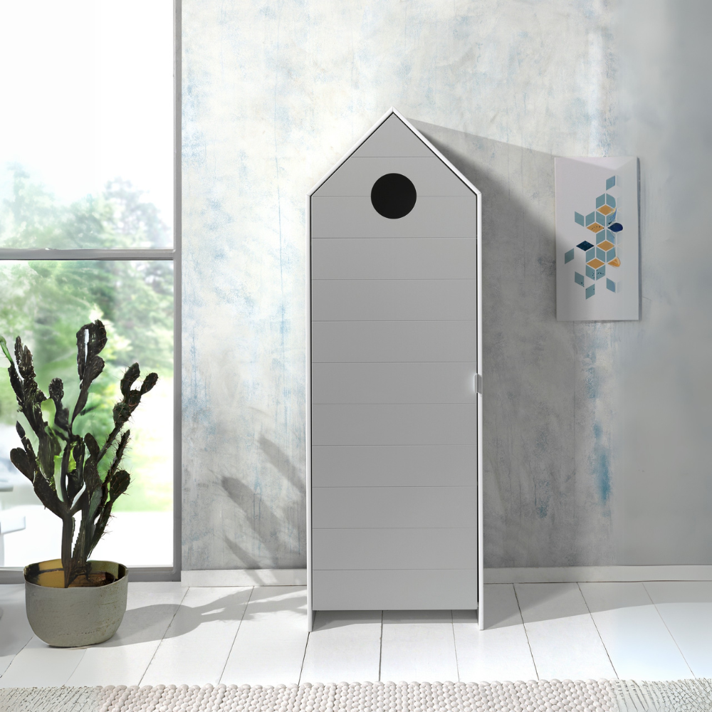 The Casami Kids 1 & 1 Open Door Wardrobe Set Grey & White features stylish storage with shelves & hanging rail in cozy Belgian beach house design