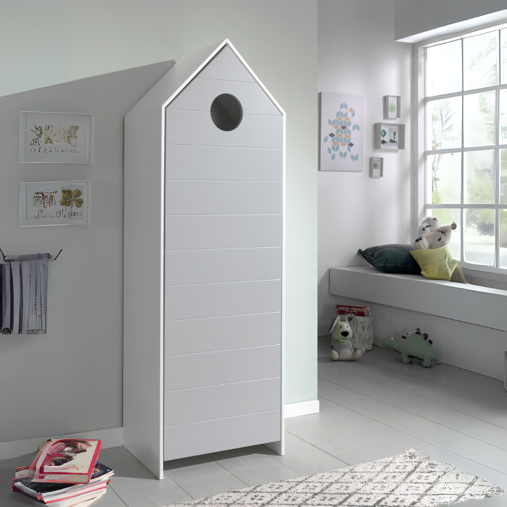 The Casami Kids 1 & 1 Open Door Wardrobe Set Grey & White features stylish storage with shelves & hanging rail in cozy Belgian beach house design