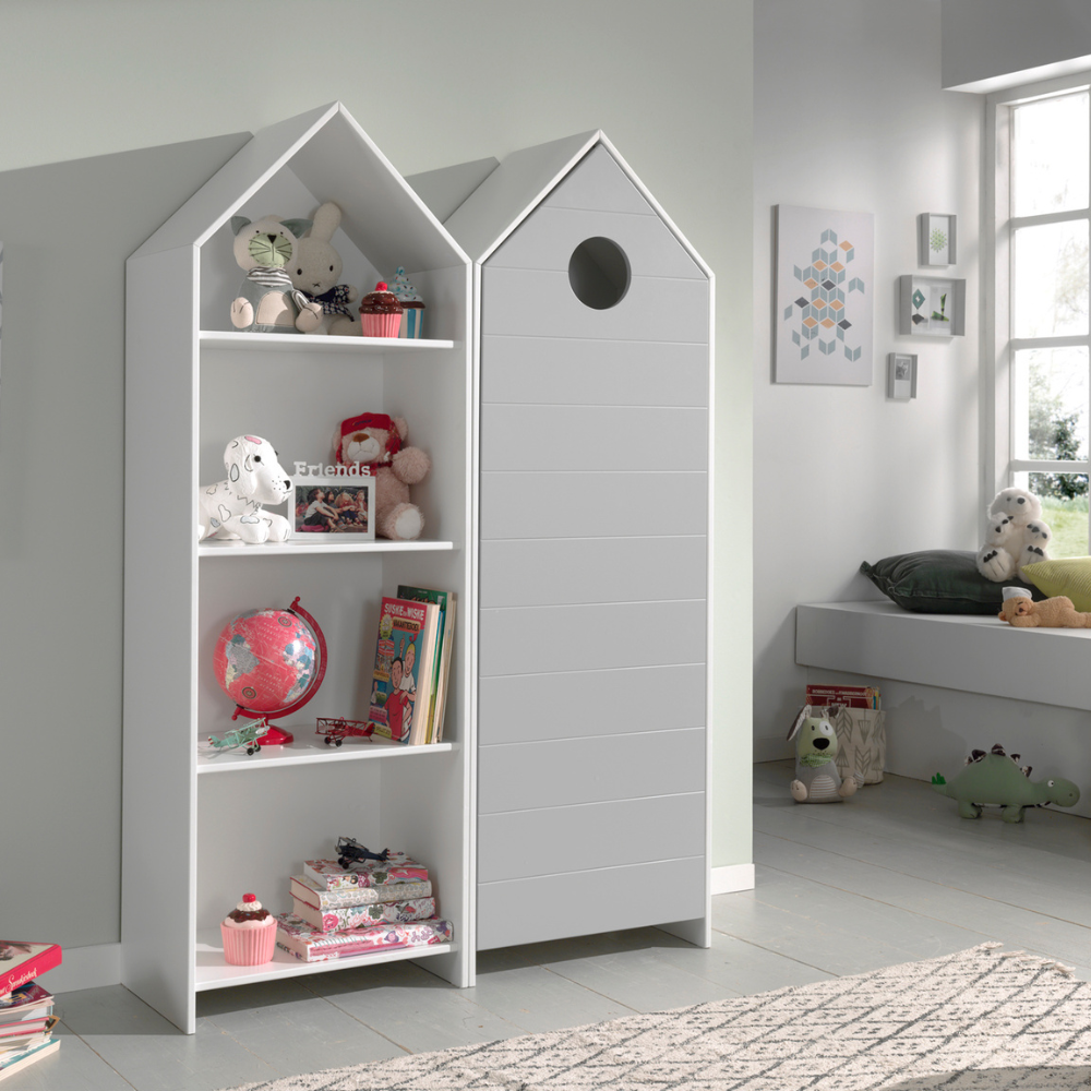 The Casami Kids 1 & 1 Open Door Wardrobe Set Grey & White features stylish storage with shelves & hanging rail in cozy Belgian beach house design