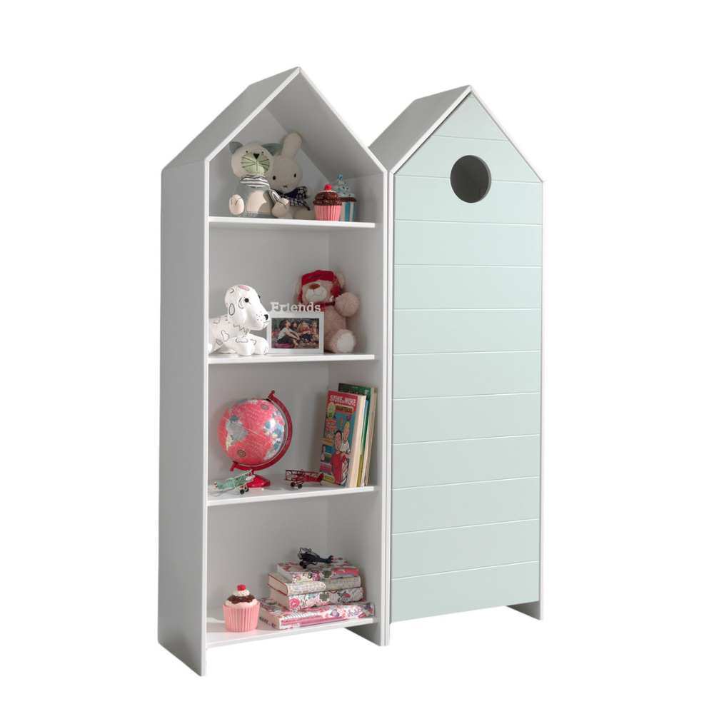 The Casami Kids 1 & 1 Open Door Wardrobe Set Mint Green & White features stylish storage with shelves & hanging rail in cozy Belgian beach house design