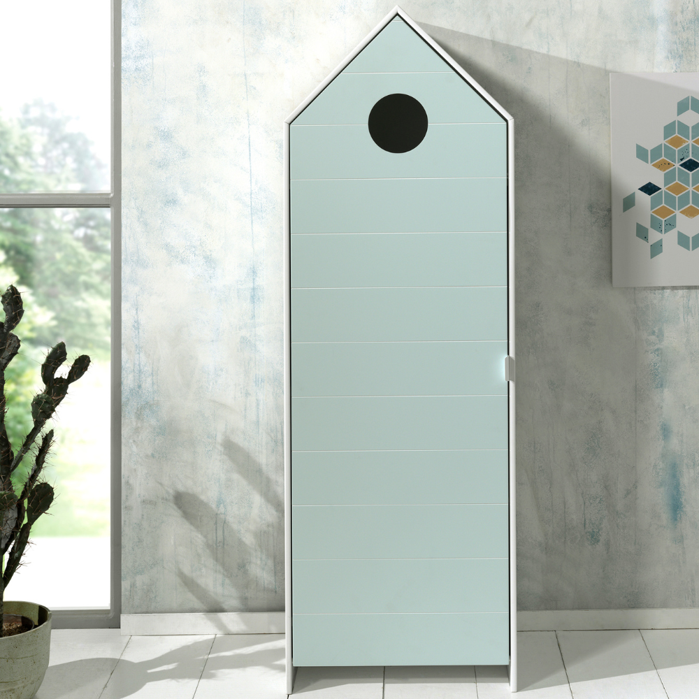The Casami Kids 1 & 1 Open Door Wardrobe Set Mint Green & White features stylish storage with shelves & hanging rail in cozy Belgian beach house design