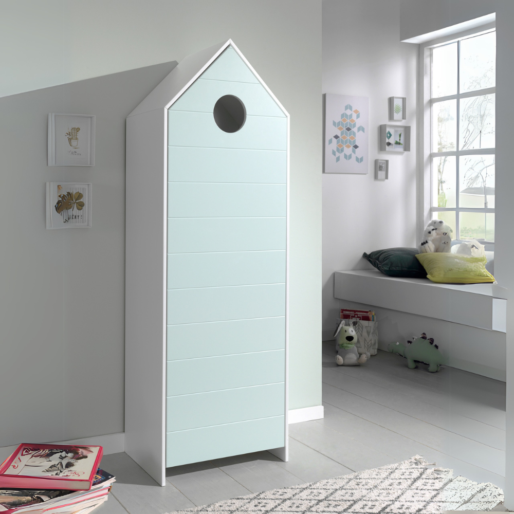 The Casami Kids 1 & 1 Open Door Wardrobe Set Mint Green & White features stylish storage with shelves & hanging rail in cozy Belgian beach house design