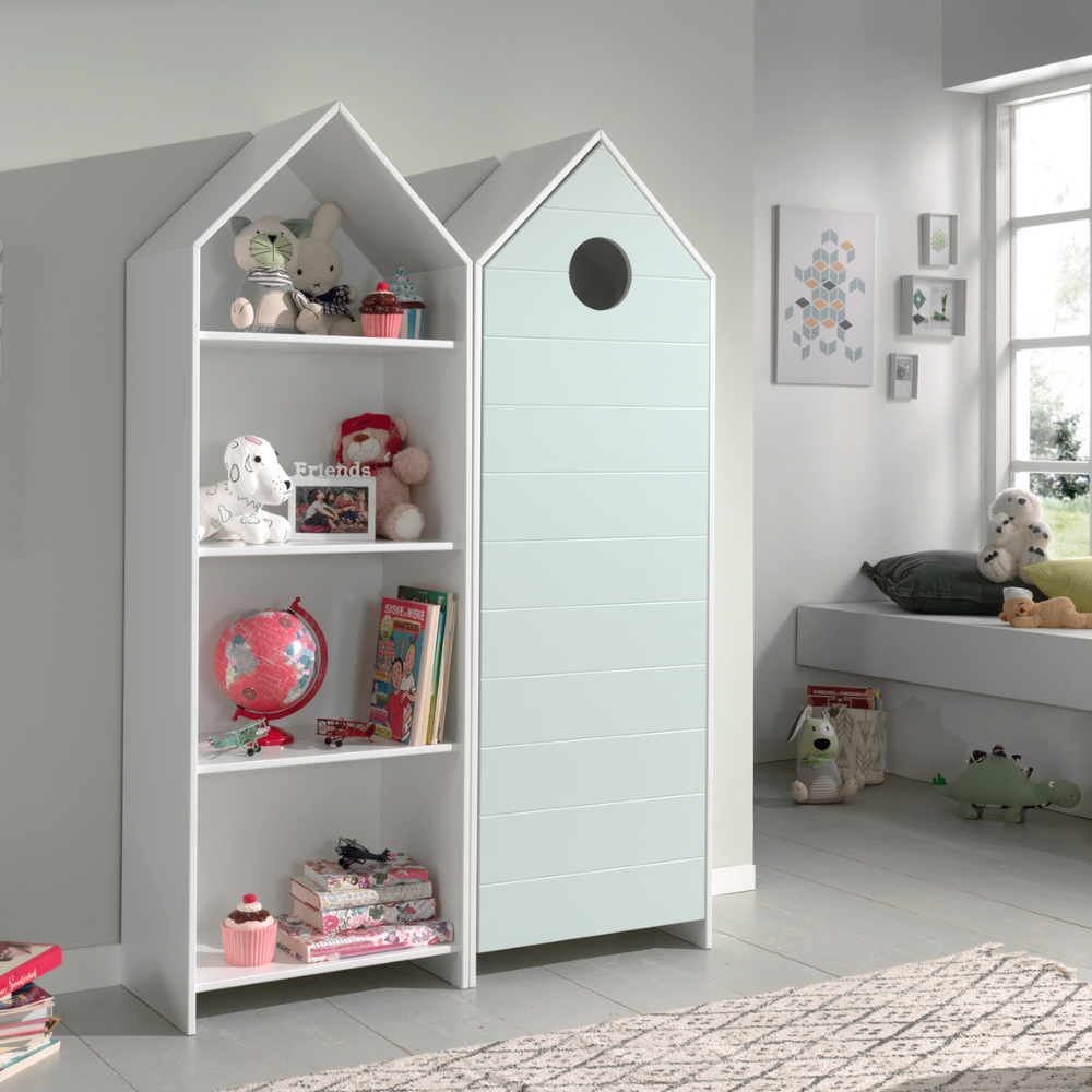 The Casami Kids 1 & 1 Open Door Wardrobe Set Mint Green & White features stylish storage with shelves & hanging rail in cozy Belgian beach house design