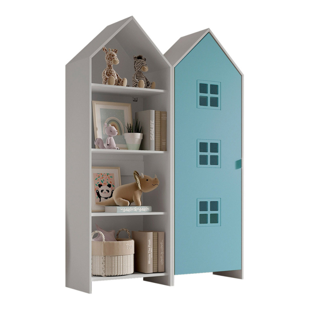 The Casami Kids 1 & 1 Open Door Window Wardrobe Set in Blue & White features beach house style with shelves and rails, MDF material and lacquered finish