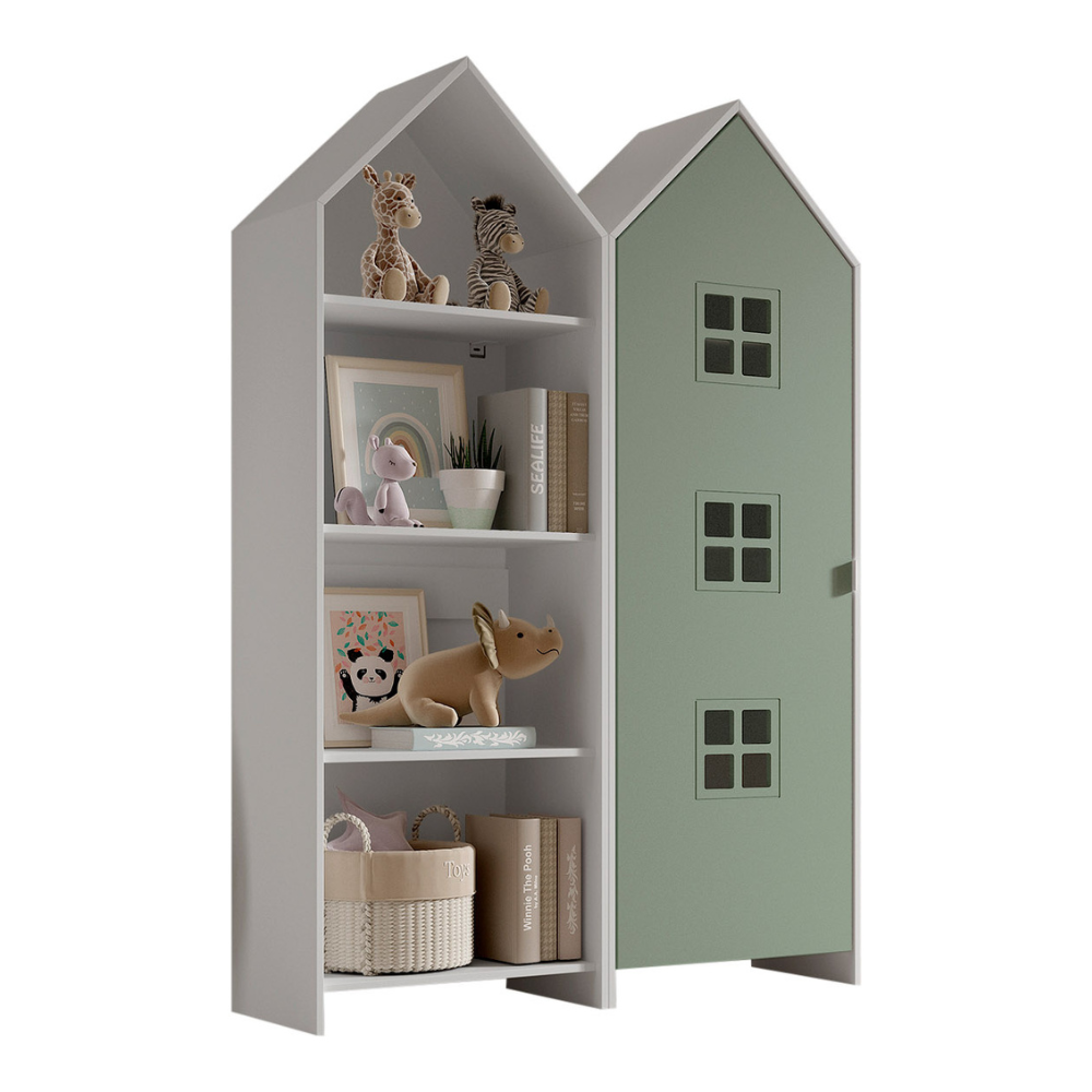 The Casami Kids 1 & 1 Open Door Window Wardrobe Set in Green & White features beach house style with shelves and rails, MDF material and lacquered finish