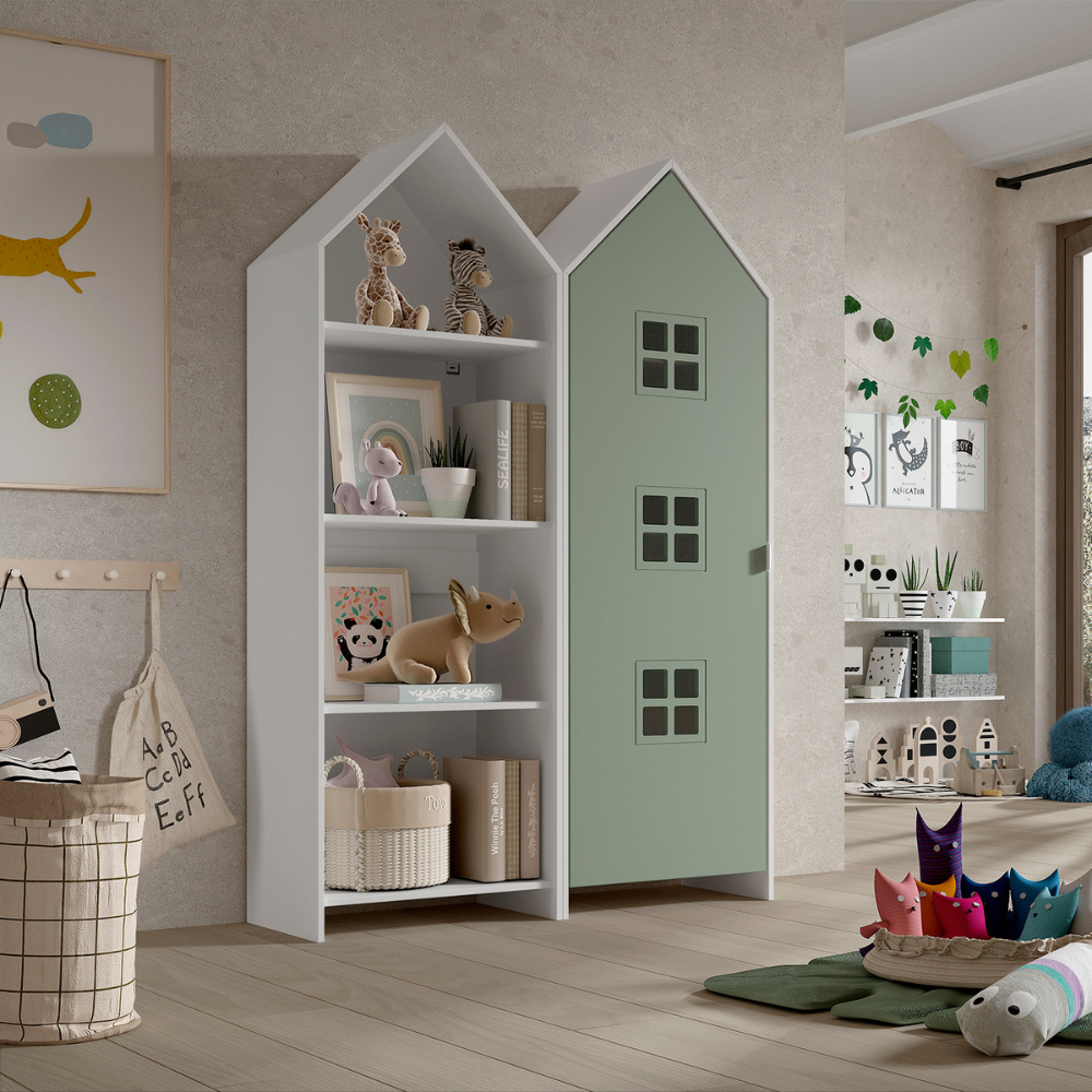 The Casami Kids 1 & 1 Open Door Window Wardrobe Set in Green & White features beach house style with shelves and rails, MDF material and lacquered finish