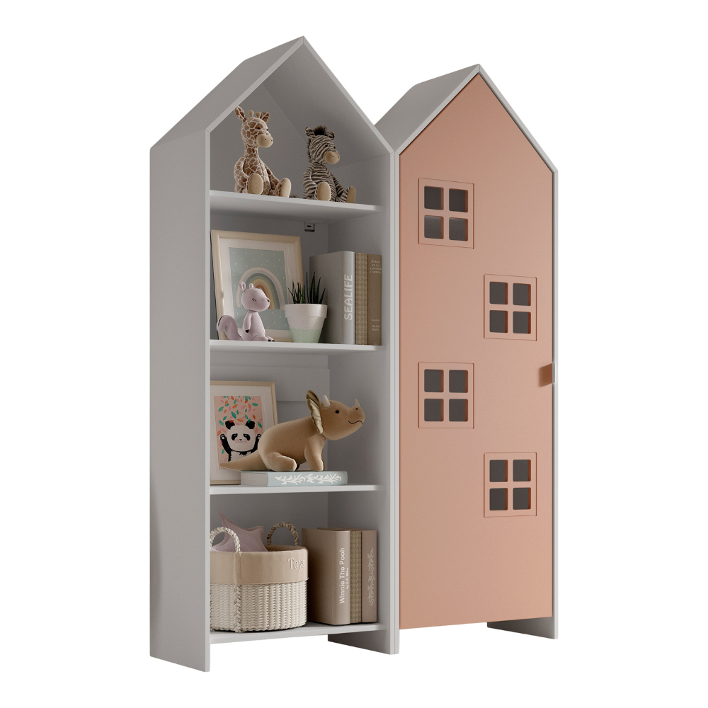 The Casami Kids 1 & 1 Open Door Window Wardrobe Set - Peach & White features beach house style with shelves and rails, MDF material and lacquered finish