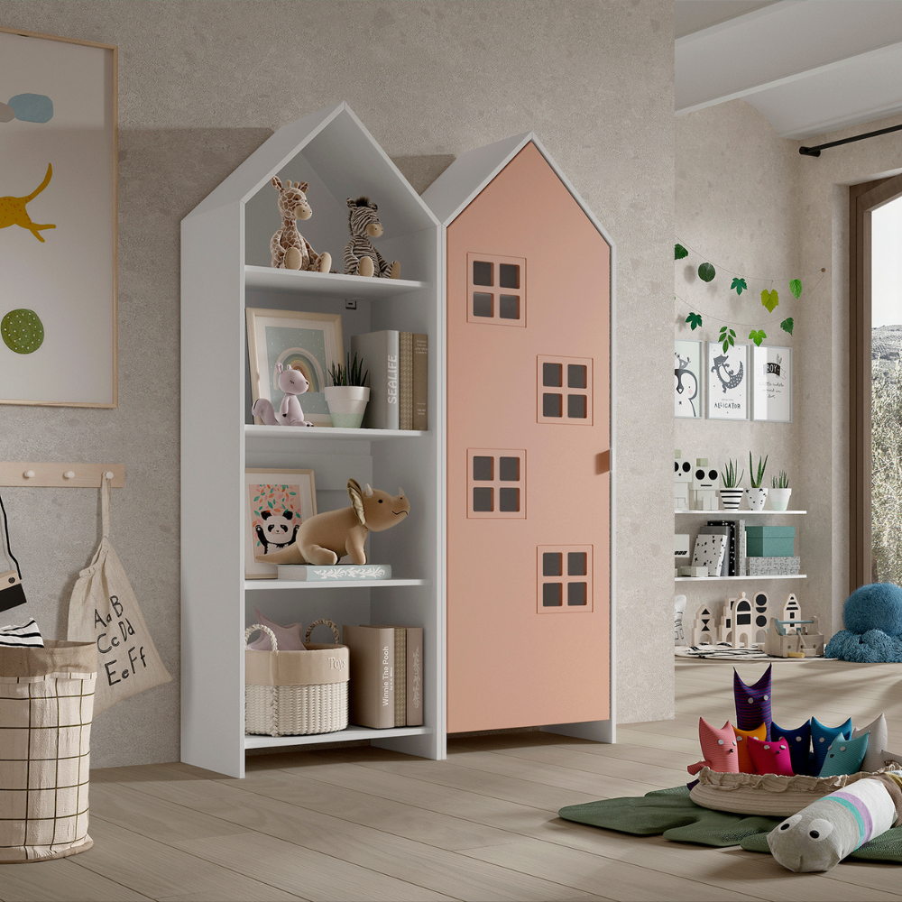 The Casami Kids 1 & 1 Open Door Window Wardrobe Set - Peach & White features beach house style with shelves and rails, MDF material and lacquered finish