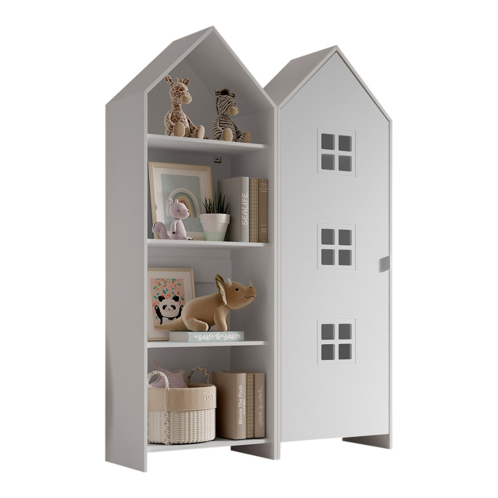 The Casami Kids 1 & 1 Open Door Window Wardrobe Set in White features beach house style with shelves and rails, MDF material and lacquered finish