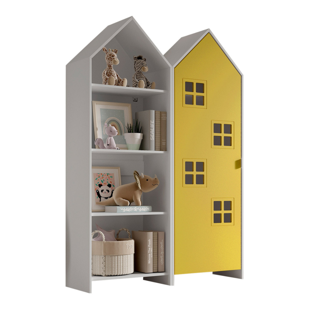 The Casami Kids 1 & 1 Open Door Window Wardrobe Set in Yellow & White features beach house style with shelves and rails, MDF material and lacquered finish
