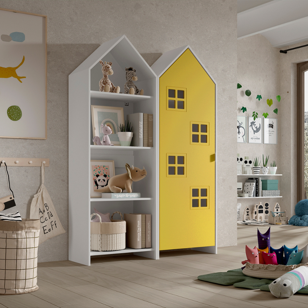 The Casami Kids 1 & 1 Open Door Window Wardrobe Set in Yellow & White features beach house style with shelves and rails, MDF material and lacquered finish