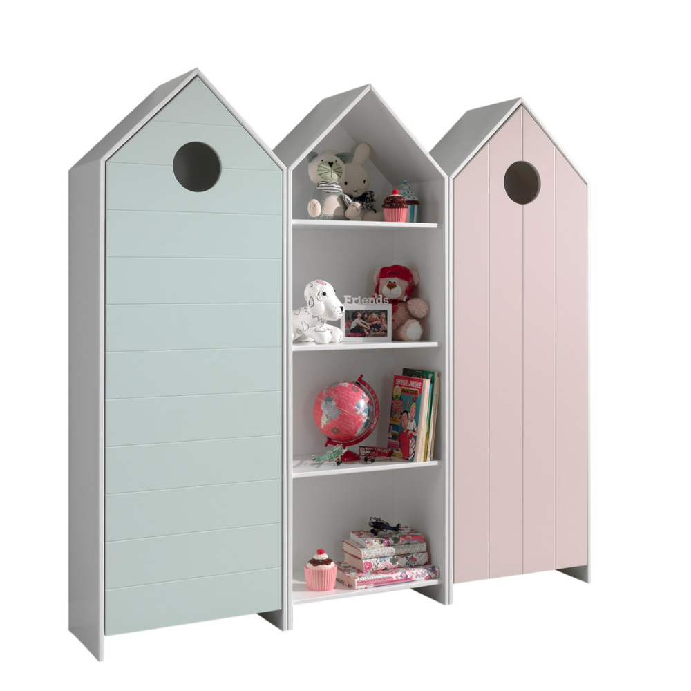 The Casami Kids 2 & 1 Open Door Wardrobe Set Mint Green & Pink features playful beach house style with shelves and rails for toys, books & clothes
