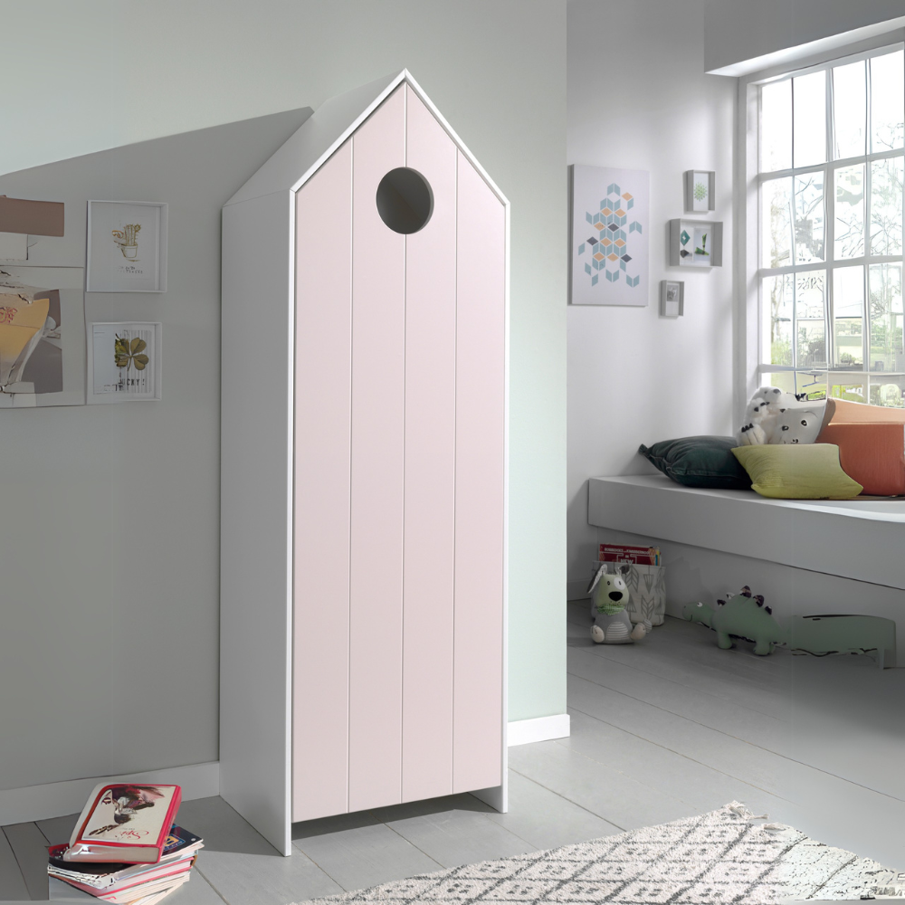The Casami Kids 2 & 1 Open Door Wardrobe Set Pink & White features playful beach house style with shelves and rails for toys, books & clothes
