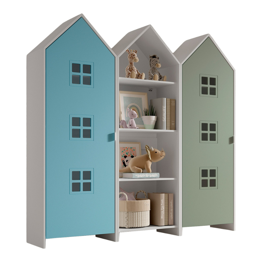 The Casami Kids 2 & 1 Open Door Window Wardrobe Set in Ballet Blue & Mint Green features playful beach hut design, three shelves, MDF and a hanging rail