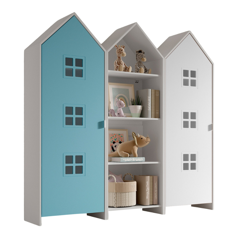The Casami Kids 2 & 1 Open Door Window Wardrobe Set in Ballet Blue & Satin White features playful beach hut design, three shelves, MDF and a hanging rail