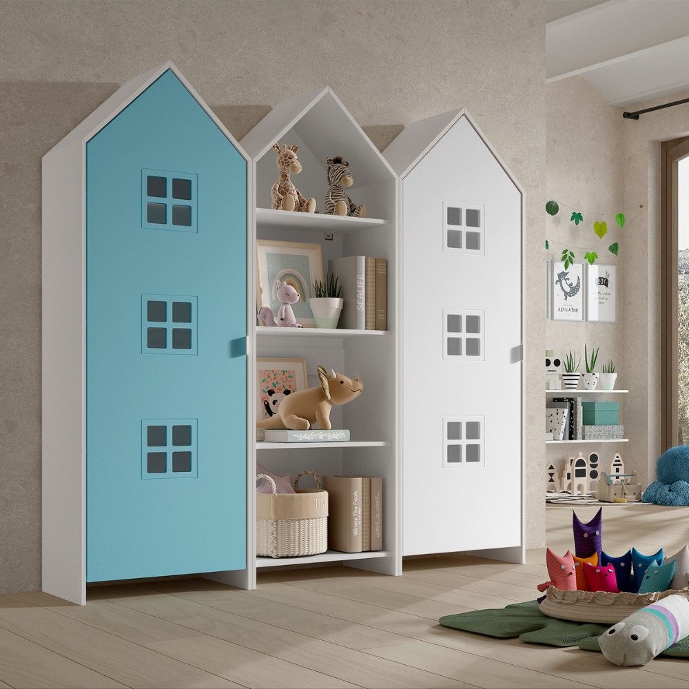The Casami Kids 2 & 1 Open Door Window Wardrobe Set in Ballet Blue & Satin White features playful beach hut design, three shelves, MDF and a hanging rail