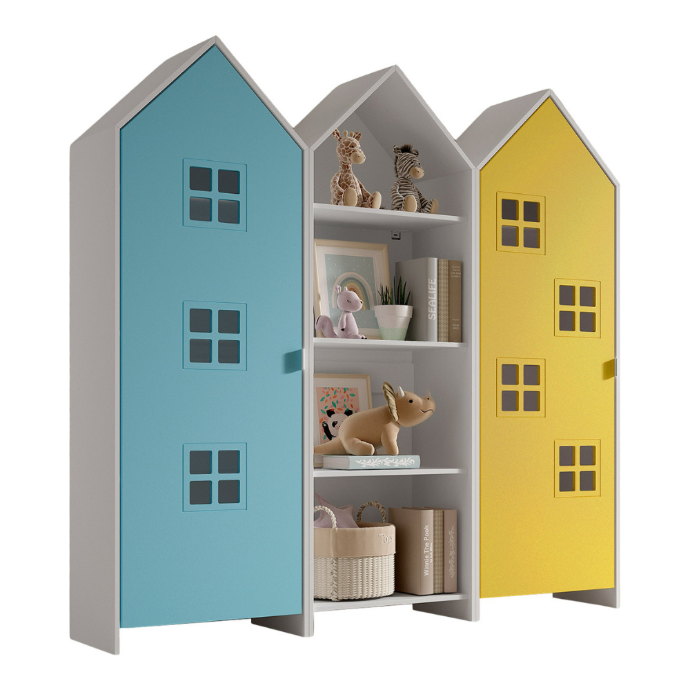The Casami Kids 2 & 1 Open Door Window Wardrobe Set in Ballet Blue & Sunbeam Yellow features playful beach hut design, three shelves, MDF and a hanging rail