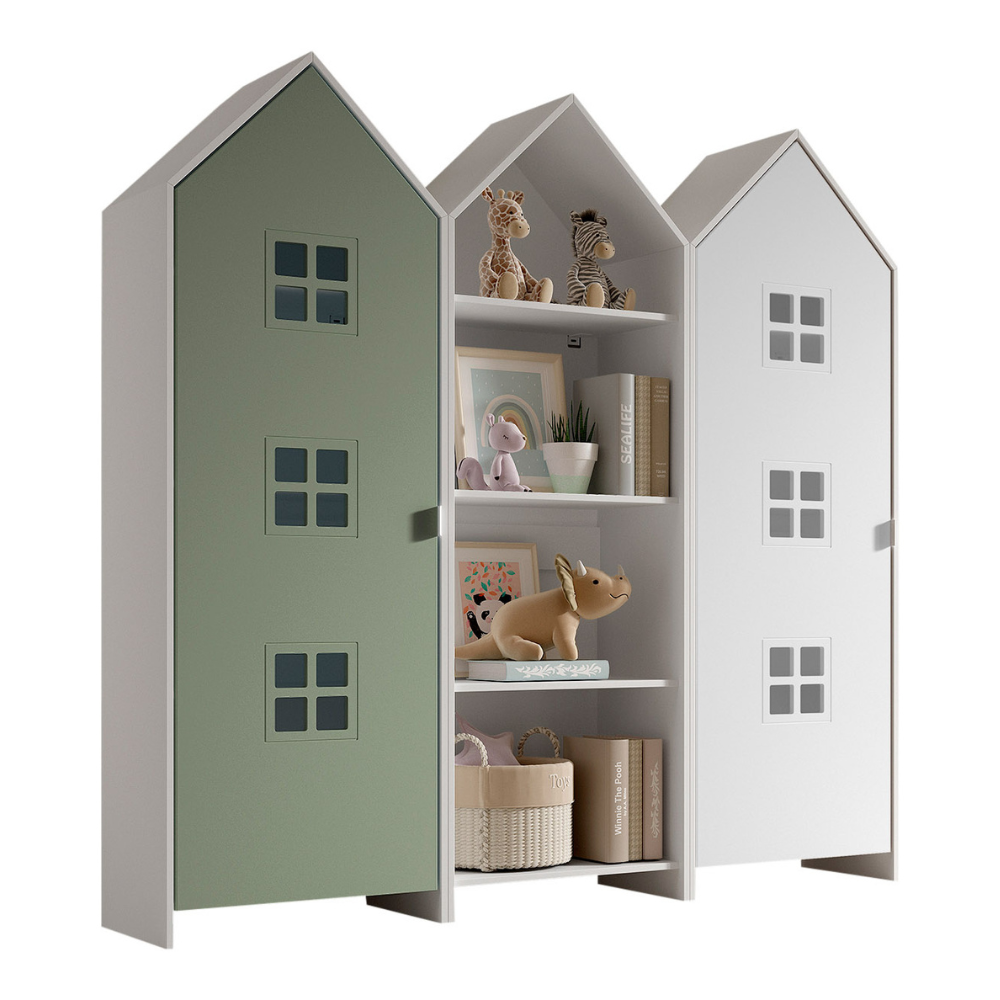 The Casami Kids 2 & 1 Open Door Window Wardrobe Set in Mint Green & Satin White features playful beach hut design, three shelves, MDF and a hanging rail