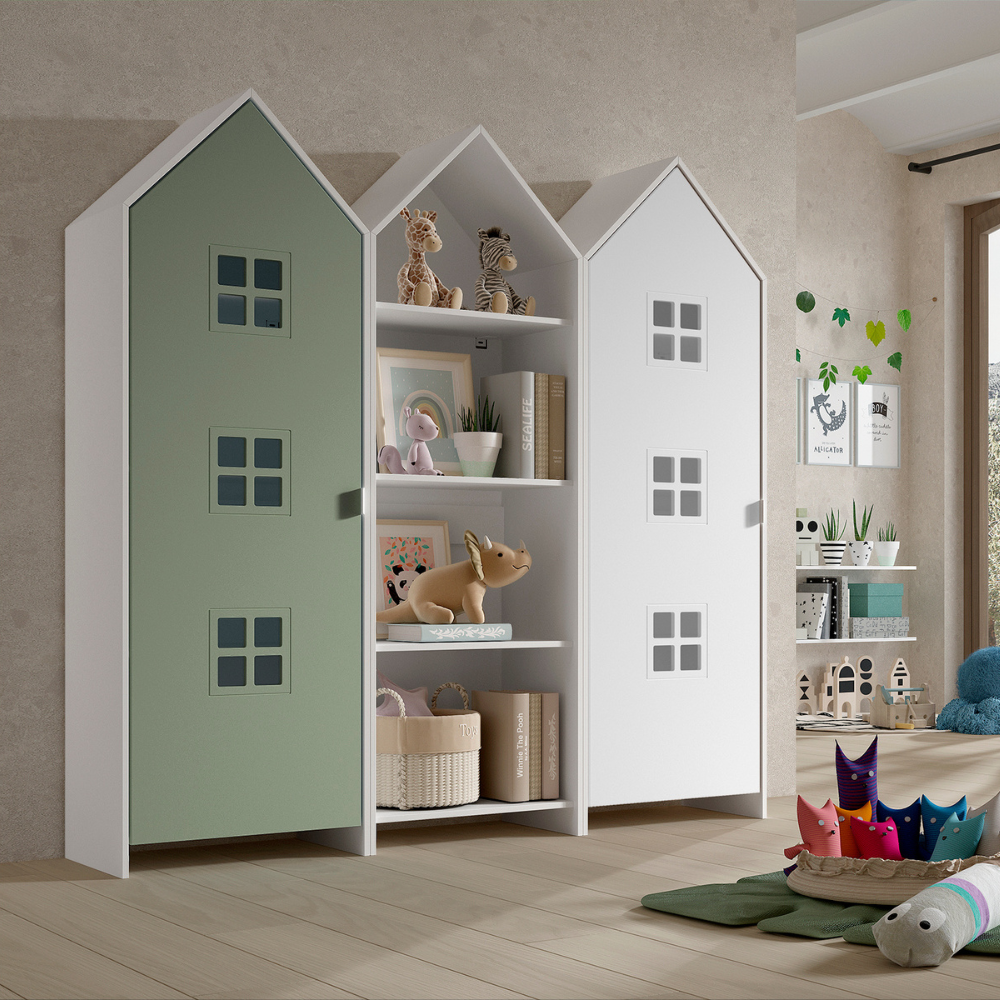 The Casami Kids 2 & 1 Open Door Window Wardrobe Set in Mint Green & Satin White features playful beach hut design, three shelves, MDF and a hanging rail