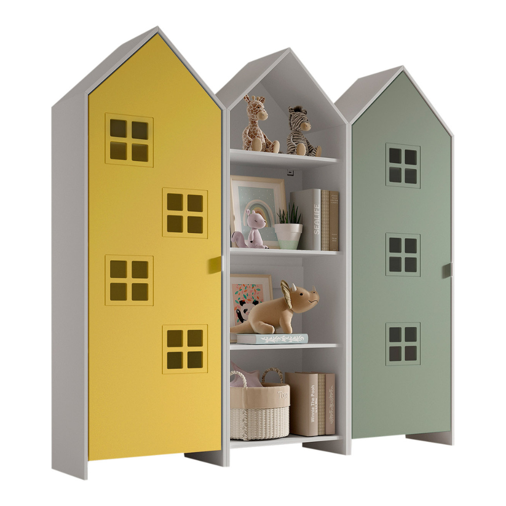 The Casami Kids 2 & 1 Open Door Window Wardrobe Set in Sunbeam Yellow & Mint Green features playful beach hut design, three shelves, MDF and a hanging rail