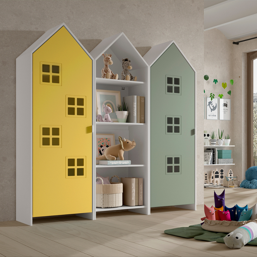 The Casami Kids 2 & 1 Open Door Window Wardrobe Set in Sunbeam Yellow & Mint Green features playful beach hut design, three shelves, MDF and a hanging rail