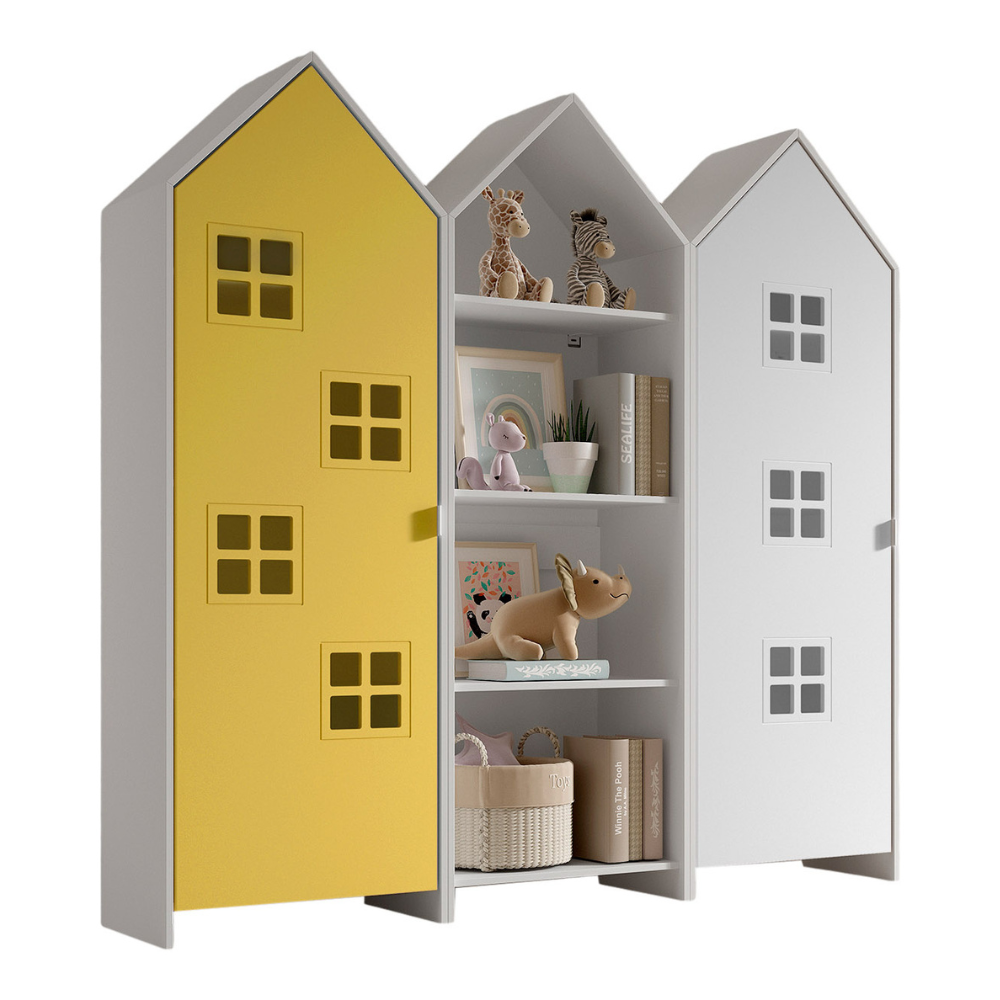 The Casami Kids 2 & 1 Open Door Window Wardrobe Set in Sunbeam Yellow & Satin White features playful beach hut design, three shelves, MDF and a hanging rail