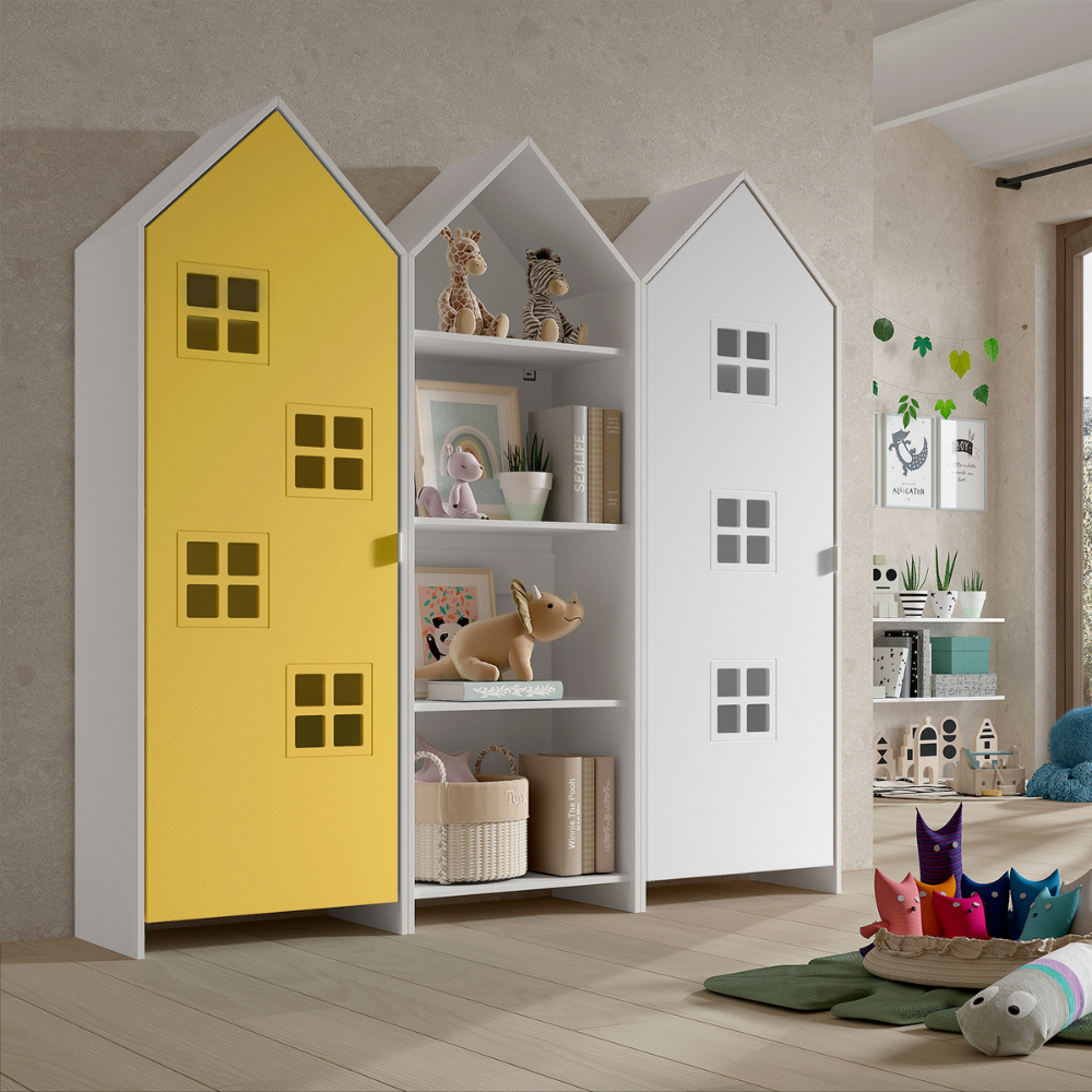 The Casami Kids 2 & 1 Open Door Window Wardrobe Set in Sunbeam Yellow & Satin White features playful beach hut design, three shelves, MDF and a hanging rail